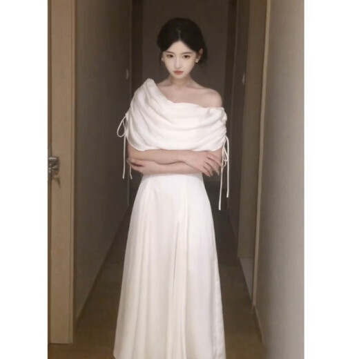 ACJK French style gentle white moonlight swing collar dress feminine and beautiful waist waist banquet dress long skirt off-white L