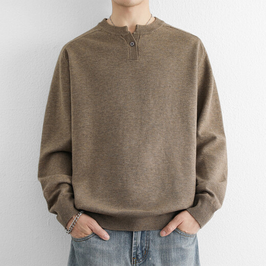 Xiaohongshu's hot style simple Henry collar sweater for men in autumn and winter solid color old money style loose sweater V-neck retro floral brown M115Jin Jin is equal to 0.5kg or less, one size fits all