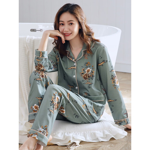 恒源祥（HYX）睡衣女春秋款长袖纯棉中年妈妈秋季全棉女士家居服春夏季薄款套装 XEQ-9276 M (160)