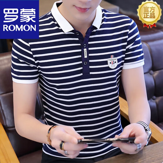 罗蒙（ROMON）夏季商务休闲男装短袖t恤翻领含棉条纹polo保罗衫T恤中青年大码 we7029条纹白色 M