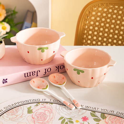Girly Heart Strawberry Double-Eared Bowl and Spoon Thickened Soup Bowl Salad Bowl Rice Bowl Household Bowl High-Looking Underglaze Color Tableware Light Pink Strawberry Double-Eared Bowl (2 Bowls 2 Spoons) 4-piece Set