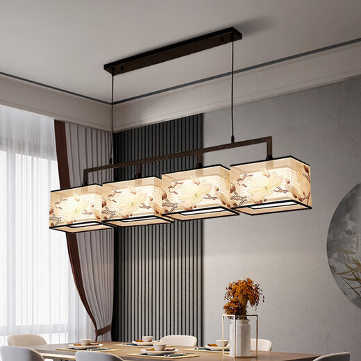 Xihe New Chinese Restaurant Chandelier Chinese Style Zen Tea Room Lamp Study Rectangular Bar Chandelier Guangdong Zhongshan Lamp [F Style Magnolia 4 Heads] 110*14*25cm