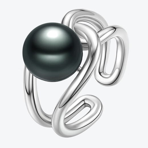 Meluxe S925 Silver Seawater Pearl Ring Tahitian Black Pearl Live Ring for Women Birthday Gift for Wife Pure Black 9.5-10mm