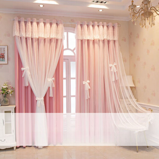 Ruiba Cream Style Curtains Blackout Beige Girly Bedroom Bay Window Double Layer Douyin Internet Celebrity Princess Style Fantasy Cloth and Gauze Integrated with Curtain Head - Not Hollow Cream Color Width 2.0*Height 2.7-Hook Type One Piece Height Adjustable