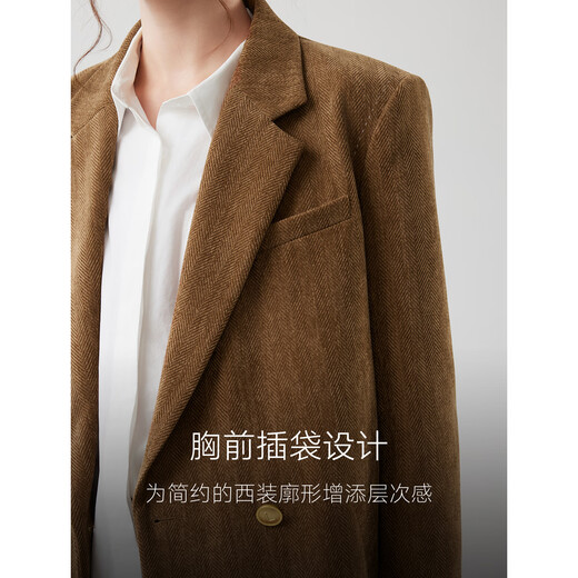 ELLE Caramel Warm Brown French Contrast Corduroy Suit Jacket Women's 2025 Winter New Silhouette Suit Light Brown S