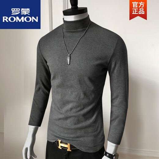 ROMON Modal half turtleneck bottoming shirt men's autumn solid color long-sleeved T-shirt mercerized cotton mid-collar autumn and winter slim clothing black thin velvet 4XL