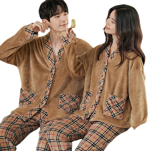 Fenton 2025 Autumn and Winter New Coral Velvet Plaid Couple Pajamas Can Be Weared Outside Age-Reducing Coffee Color Coffee Plaid Women F001 L