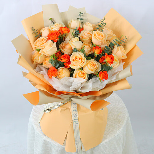 Lingxiang Valentine's Day Flower Express Champagne Rose Bouquet Confessing Love to Girlfriend and Wife Birthday Gift Nationwide Delivery 33 Champagne Rose Bouquets I Love You