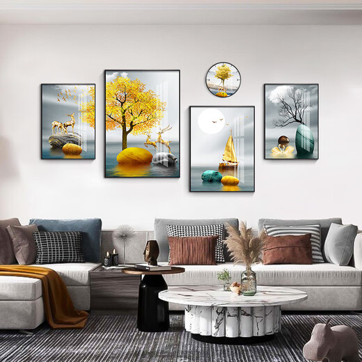 
Mohu living room decoration painting sofa background wall new mural modern simple TV background atmospheric abstract four-pair hanging painting Jinlu Nafu 15940 (including wall clock) tempered crystal porcelain combination-sturdy durable black frame