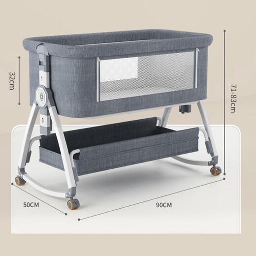 HAIZIJIA Newborn crib multifunctional bed with changing table, splicable bed, foldable baby rocking bed, removable gray + mosquito net + storage basket + diaper pad + pillow