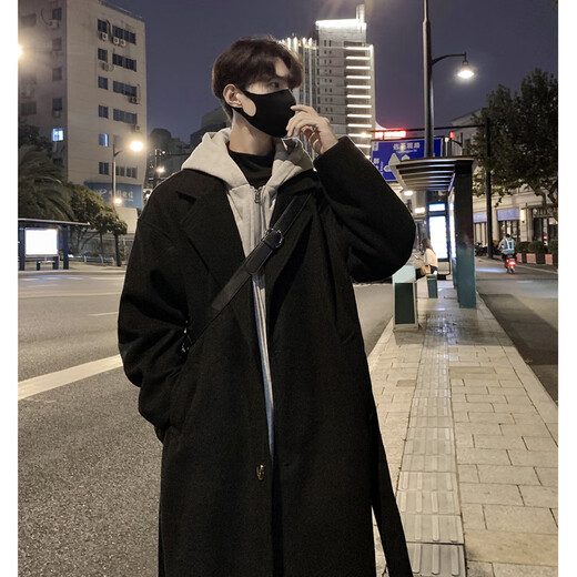 Shelley Jones fake two-piece woolen coat men's mid-length autumn and winter new style detachable hooded loose quilted windbreaker jacket black L recommended 115-140Jin Jin equals 0.5 kg