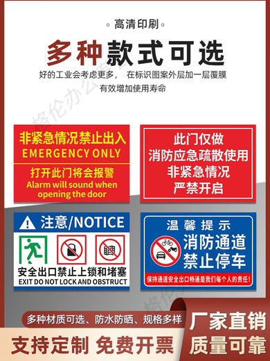 Fire exit no parking sign. This door is only for fire emergency evacuation. Non-emergency use is strictly prohibited. Self-adhesive paper version 5 sheets 300x200mm