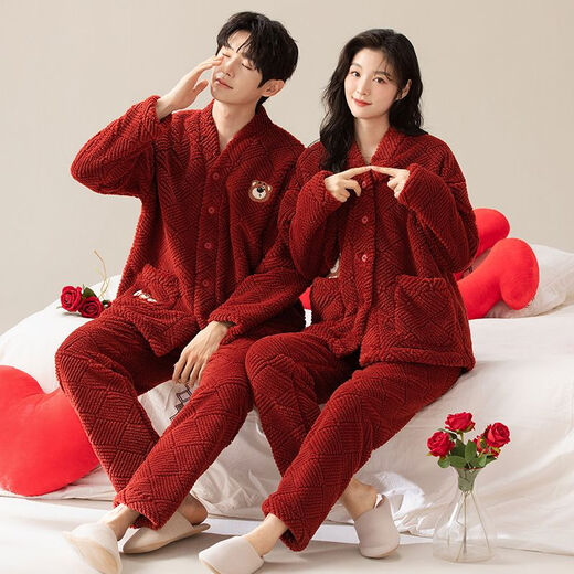 LangSha Couple Pajamas for Men and Women Winter Coral Velvet Big Red Newlywed Wedding Suit for the Year of the Zodiac Plus Velvet Home Clothes Heart to Heart Ms. M
