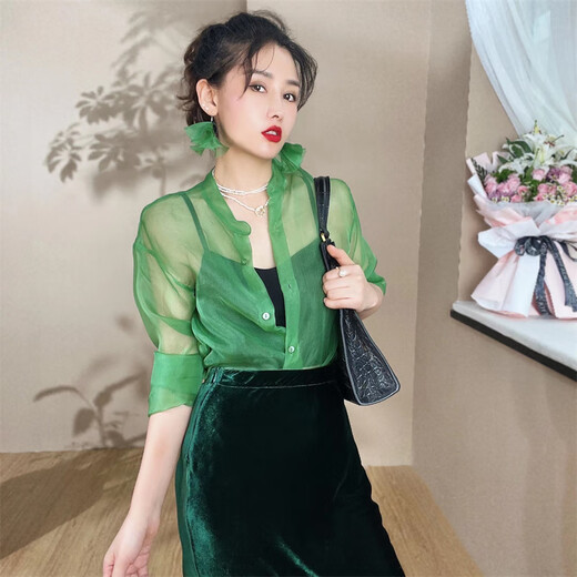 Flower Shadow Yaoyao Fayinyoo Oriental Simple et Extra Supported Silk Ougenya Shirt Femme's Simple and Volyled Color Base portant H1713 Mysterous Black M