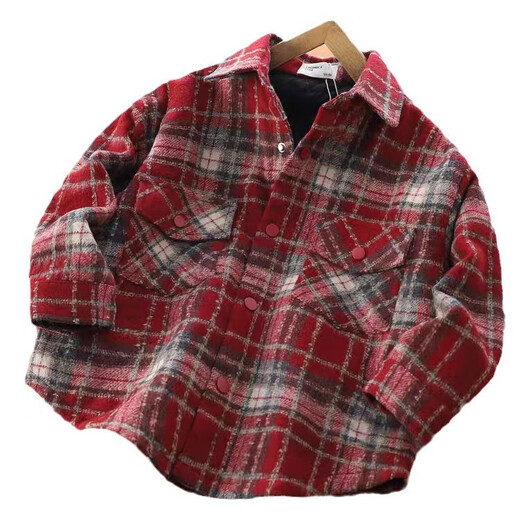 Boys' coat all-in-one velvet 2025 new children's outer shirt autumn and winter fashion woolen plaid top for big children TZ-3124 plaid hooded jacket - red 140 cm suitable for height 130-140cm