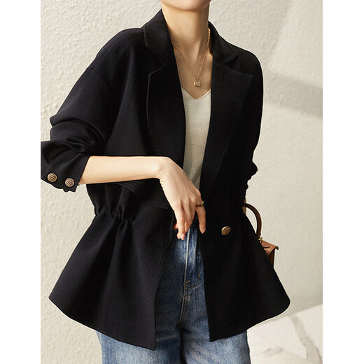 Clotho Rennie Marke Frauen kurzer Trenchcoat für Frauen 2025 Frühlings- und Herbst-New Korean-Version Temperament Kleine Taille-Hug-Huging Slim-Anzug Halsband Navy Blue M.