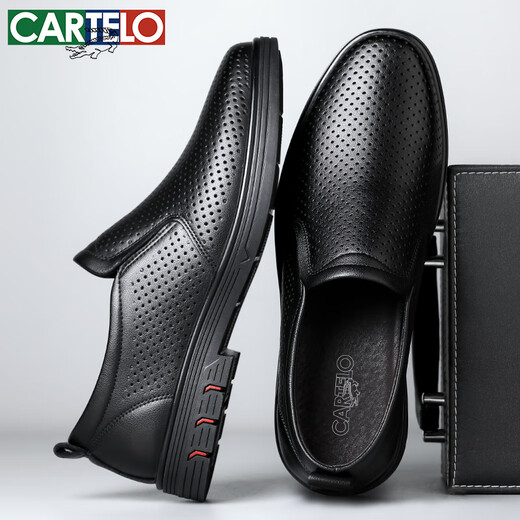 CARTELO British business casual leather shoes soft sole soft surface breathable loafers one-foot leather shoes men's 9921 black hollow 44