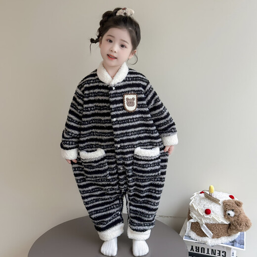 Cool sheep children's one-piece pajamas winter warm flannel children's baby sleeping bag winter thickened girls striped home clothes dark gray 140