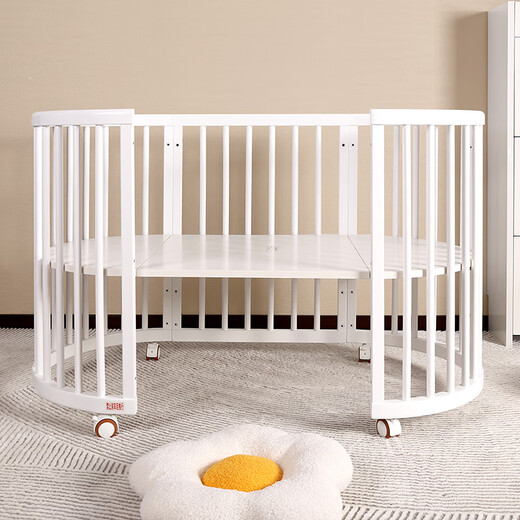 Happy Schwangerschaft High-End-Krippe bewegbares massives Holz kleines Bett Spleiß großes Bett 0-6 Jahre altes Neugeborenes Babybett Cradle Multifunktionales Bett + braune Matte + großer Tupfen 4-teiliger Set + Quilt