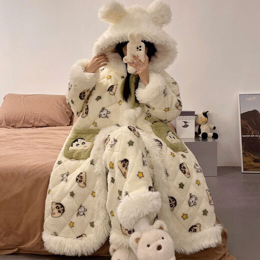 Modal thickened plus velvet three-layer quilted long nightgown for women autumn and winter pajamas coral velvet 2025 new winter warm 5319 coral velvet quilted robe + quilted pants M Recommended weight 90-100Jin Jin equals 0.5 kg