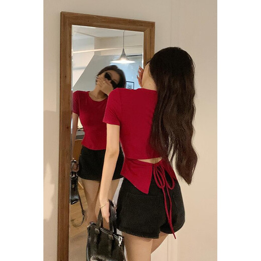 以欧新款夏季设计感露背显瘦遮肉上衣甜辣别致正肩短袖T恤女1477 黑色 XL
