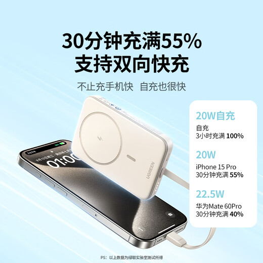 绿联磁吸无线充电宝自带线10000毫安22.5W快充 兼容MagSafe可上飞机移动电源 适用iPhone苹果16/15小米