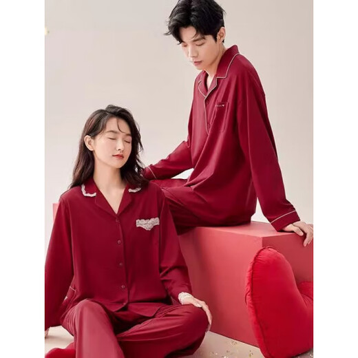 Yalu Festive Fat mm Large Size Wedding Couple Pajamas Spring and Autumn Red Zodiac Year Loose New Chinese Style 300 Jin Jin equals 0.5 kg Home Clothes New Chinese Style-Female ShYLie Spring and Autumn Style with Lace L 100-120 Jin Jin equals 0.5 kg