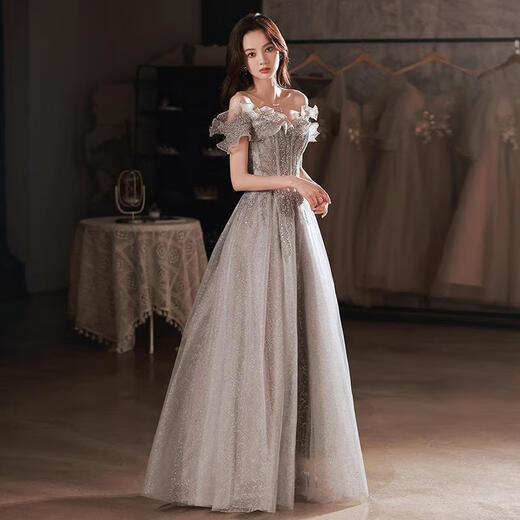 Gray banquet evening dress 2025 new one-shoulder elegant annual meeting host fairy temperament birthday party dress gray long S