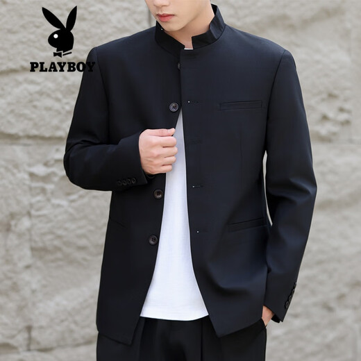 
Playboy (PLAYBOY) New Chinese style Chinese style modified Zhongshan men's top Spring and Autumn New Chinese style jacket Internet celebrity jacket stand collar suit set Black suit + trousers Give belt M