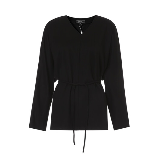 EITIE Elegant Loose Bat Sleeve Black V-neck Tie Top 2025 Autumn and Winter New Long Sleeve Shirt D2513907V Minimalist Black 20 XL (170)
