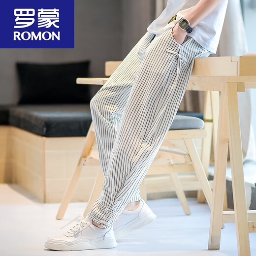 罗蒙（ROMON）夏季中国风男装棉麻九分裤男士条纹裤子亚麻裤男宽松大码束脚裤男 983灰色 3XL 155-165