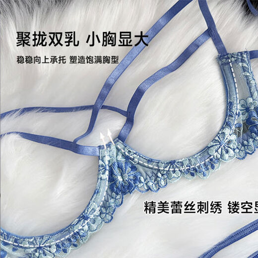 Wujiang Miaopin Sweet Night Party Sexy Underwear Set Women's Hollow Underwear Small Breast Showing Large Underwire Bra Blue Bra + Panties M