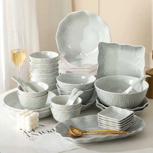 Bowl and plate household tableware set 2024 new light luxury ins style simple modern Japanese housewarming underglaze bowls and plates bowls and chopsticks Modern gray eight people food 42 pieces rich package (gift box package