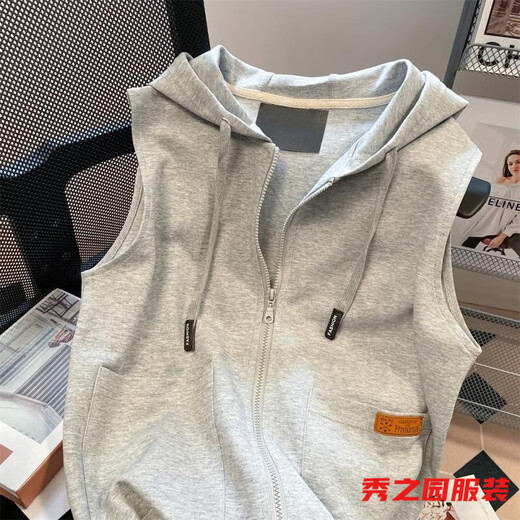 范哲莎春季上新无袖马甲卫衣女连帽开衫外套韩版感拉链坎肩小众上衣 841灰色立瓴马夹 S 160