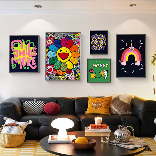 Long time no see dopamine living room decoration painting ins style niche art combination sunflower sofa background wall hanging painting