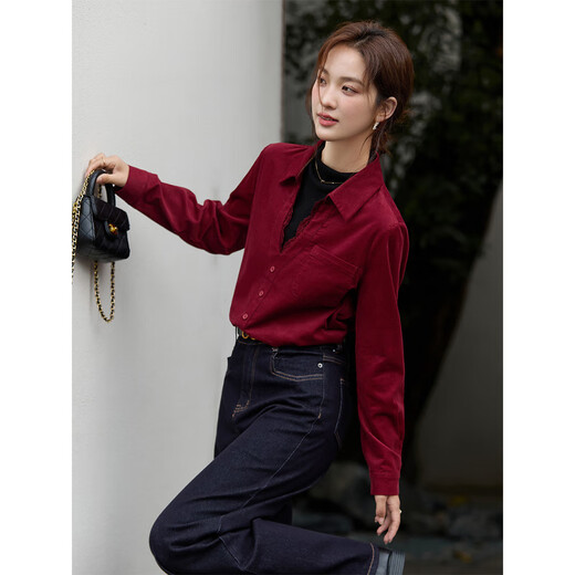 Fanximan red and black French fake two-piece long-sleeved shirt for women 25 winter new lace contrasting turtleneck top A3251 red and black S (recommended 90-100Jin Jin equals 0.5 kg)