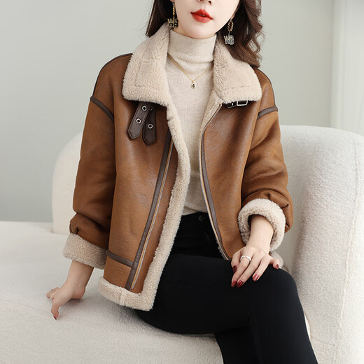 Chaqueta de cuero genuina de piel de oveja de Jagroy para mujeres con pelaje de cordero de piel en otoño y chaqueta de motocicleta de gamuza de invierno mocha marrón M 110-120Jin [Jin iguala 0.5 kg]