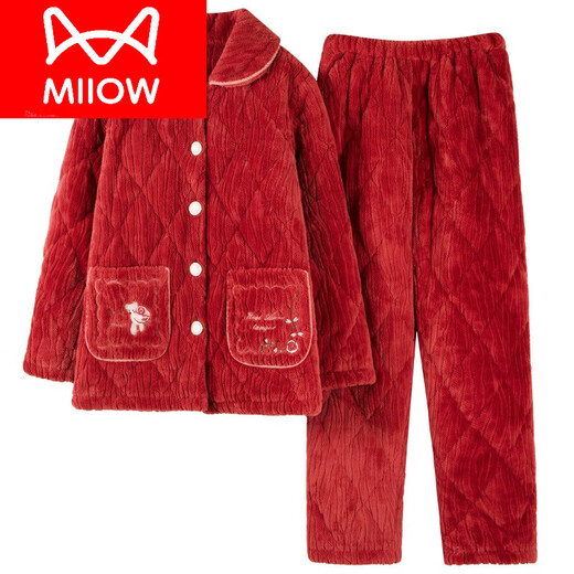 猫人（MiiOW）三层夹棉睡衣女冬季加厚加绒棉袄珊瑚绒中年妈妈保暖家居服 KQ6626 2XL