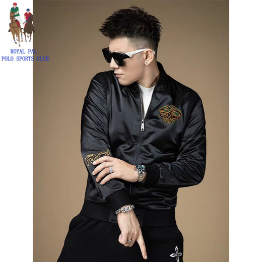 ROYAL PALM POLO SPORTS CLUB European station high-quality stand-up collar jacket for men spring and autumn 2025 new trendy sequin embroidered jacket casual baseball uniform black 2XL