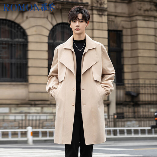 ROMON windbreaker men's mid-length autumn and winter Korean style loose double-layer collar fake two-piece coat black L