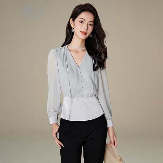 Late White New Product 2025 Autumn V-neck Temperament Top Fashionable Versatile Slim Commuting Shirt for Women Silver Gray M