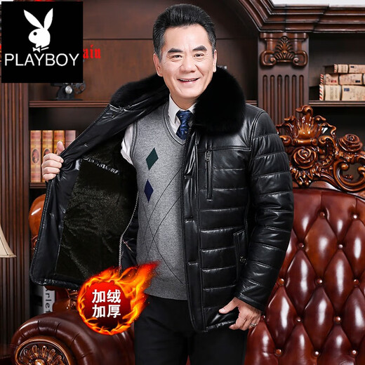 Playboy (PLAYBOY) middle-aged and elderly leather jacket men's winter clothing plus velvet and thickened dad's leather cotton coat warm jacket elderly winter cold-proof cotton-padded jacket black XL