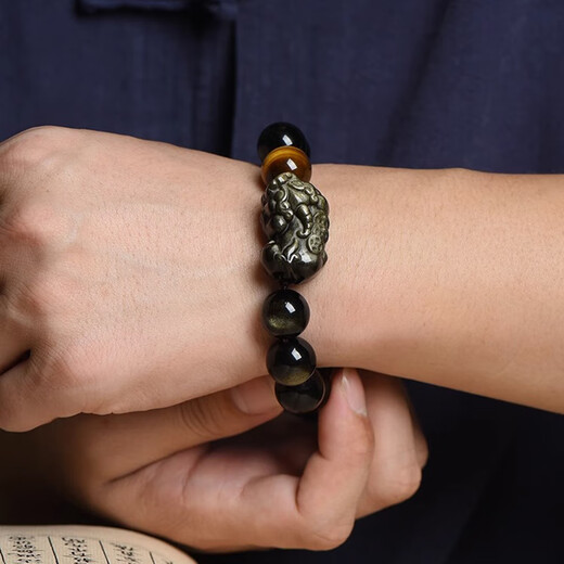 Aitkel Pixiu Black Gold Obsidian Bracelet Yellow Tiger Eye Stone Zodiac Year of the Dragon Male Buddha Beads for Money Bracelet Birthday Gift Samantabhadra Dragon/Snake - Pixiu Bracelet 12mm Bead Diameter Unisex