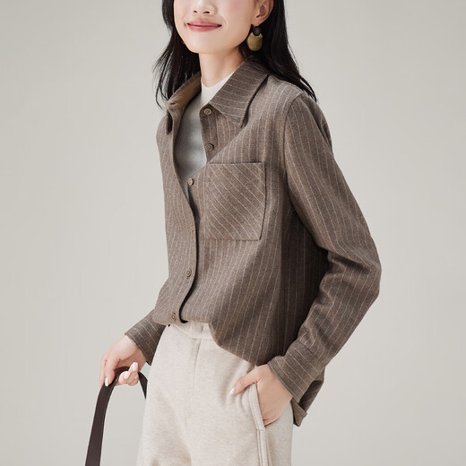 SOFSIL Sheep Wool Striped Shirt 2025 Autumn and Winter Fashionable Commuting Versatile Casual Women's Shirt Top Oatmeal S