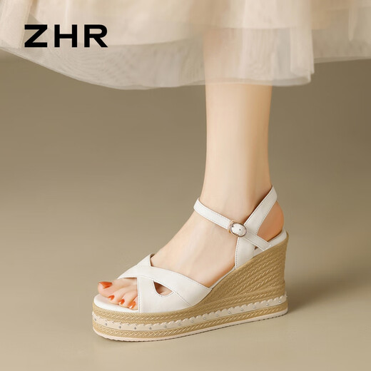 ZHR头层牛皮凉鞋女厚底坡跟女鞋度假交叉带舒适鞋子女 S169 米色 39
