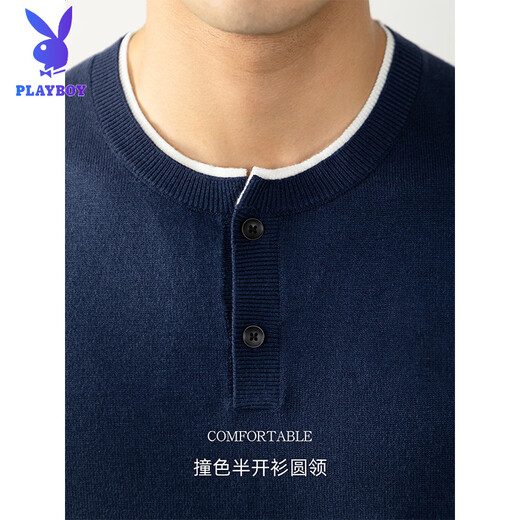 PLAYBOY Premium Sheep Wool & Modal Old Money Style Contrast Color Henley Collar Sweater Men's Spring and Autumn Skin Friendly Sweater Men Black M