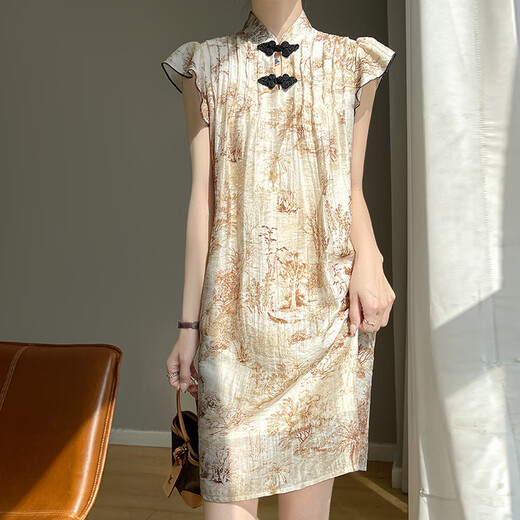 Li Yinu (LISLAVE) 2025 summer new Chinese style cheongsam short-sleeved dress with ladies' temperament loose slim and buckle new Chinese skirt apricot JRP692 M