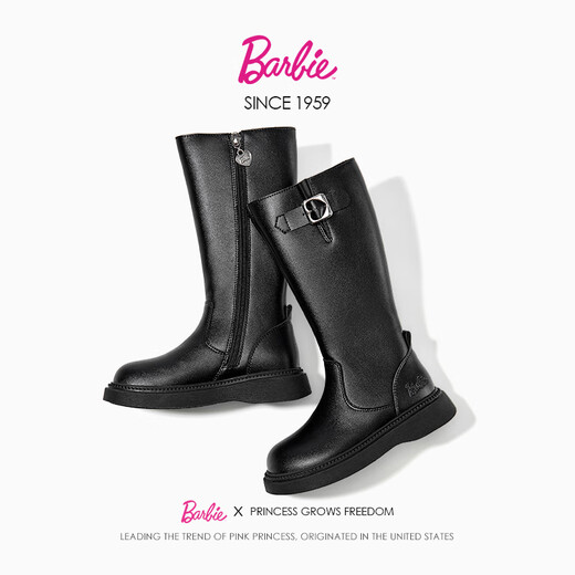 Barbie children's shoes girls boots spring and autumn high leather boots girls cotton boots children's boots DA6982 black 35