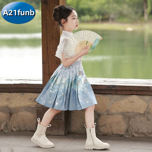 A 21 FUNB女童马面裙儿童汉服夏春季套装新款儿童中国古风汉服半身裙小女孩 对扣上衣+长款马面裙+项链 150 适合140-150cm年龄11-12岁