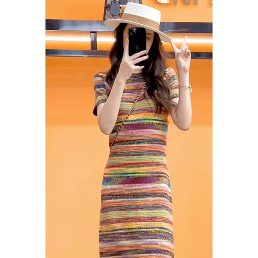 ANGEL MOOD European station dress temperament rainbow stripe design sense fat mm belly slim mid-length slim skirt for women women's clothing rainbow stripe dress long XL